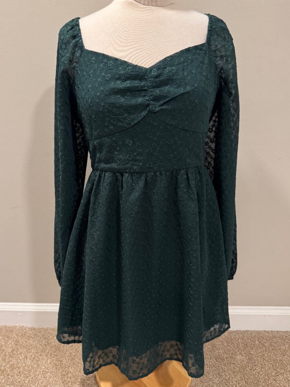 Womens Medium Altar'd State Forest Green Eyelet Floral Peplum Sheer L/S Dress